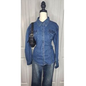 Y2K Blue Medium Wash Denim Button Up Collared Top